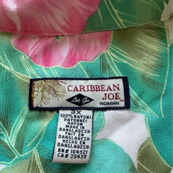 Caribbean Joe floral Hawaiian button front shirt palm tree cream pink green 3X - Picture 2 of 5